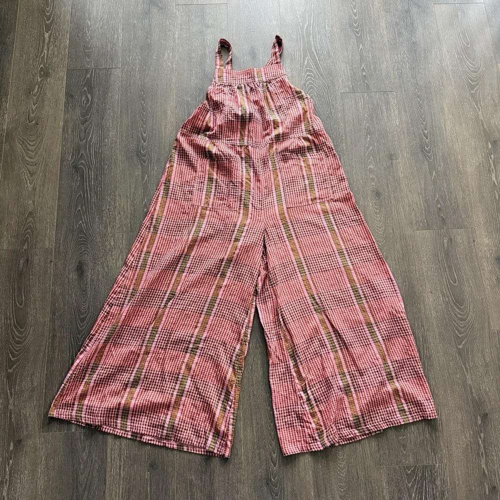 Natural Life NWT Pink Plaid Wide Leg Jumpsuit Overall Tie Back Medium Granola
